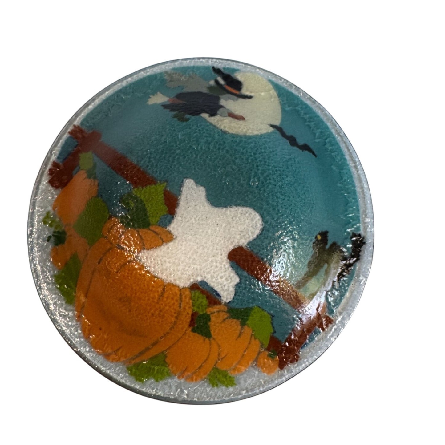 Peggy Karr Fused Glass 8.25" Halloween Bowl With Ghost Witch Pumpkin Design