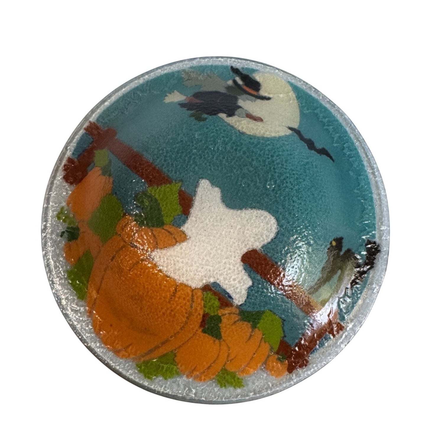 Peggy Karr Fused Glass 8.25" Halloween Bowl With Ghost Witch Pumpkin Design