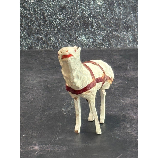 Antique Stick Leg Composite Santas Reindeer 2 3/4" With Red Harness Vintage Christmas Collectible Handmade Figurine Unique Holiday Decor