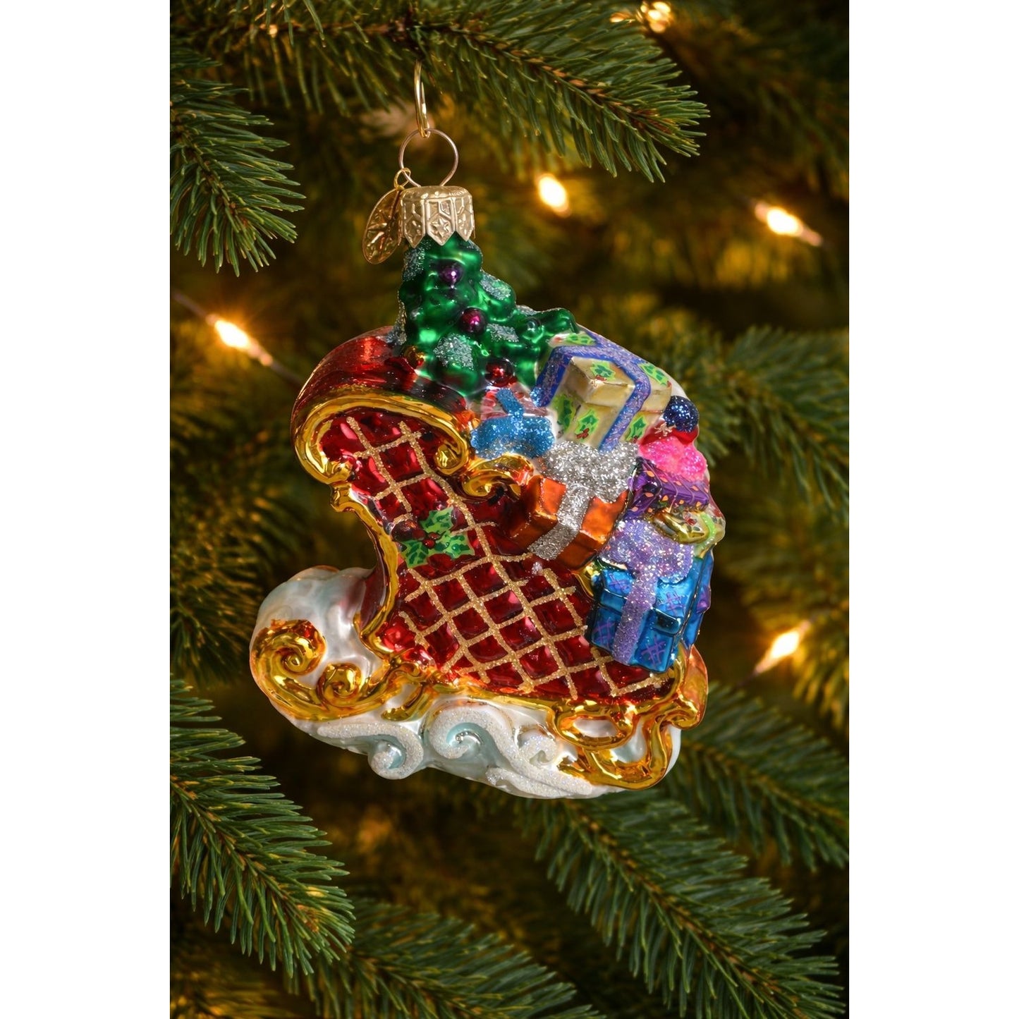 Christopher Radko Christmas Sleigh Tree Presents Blown Glass Ornament 4" x 4"