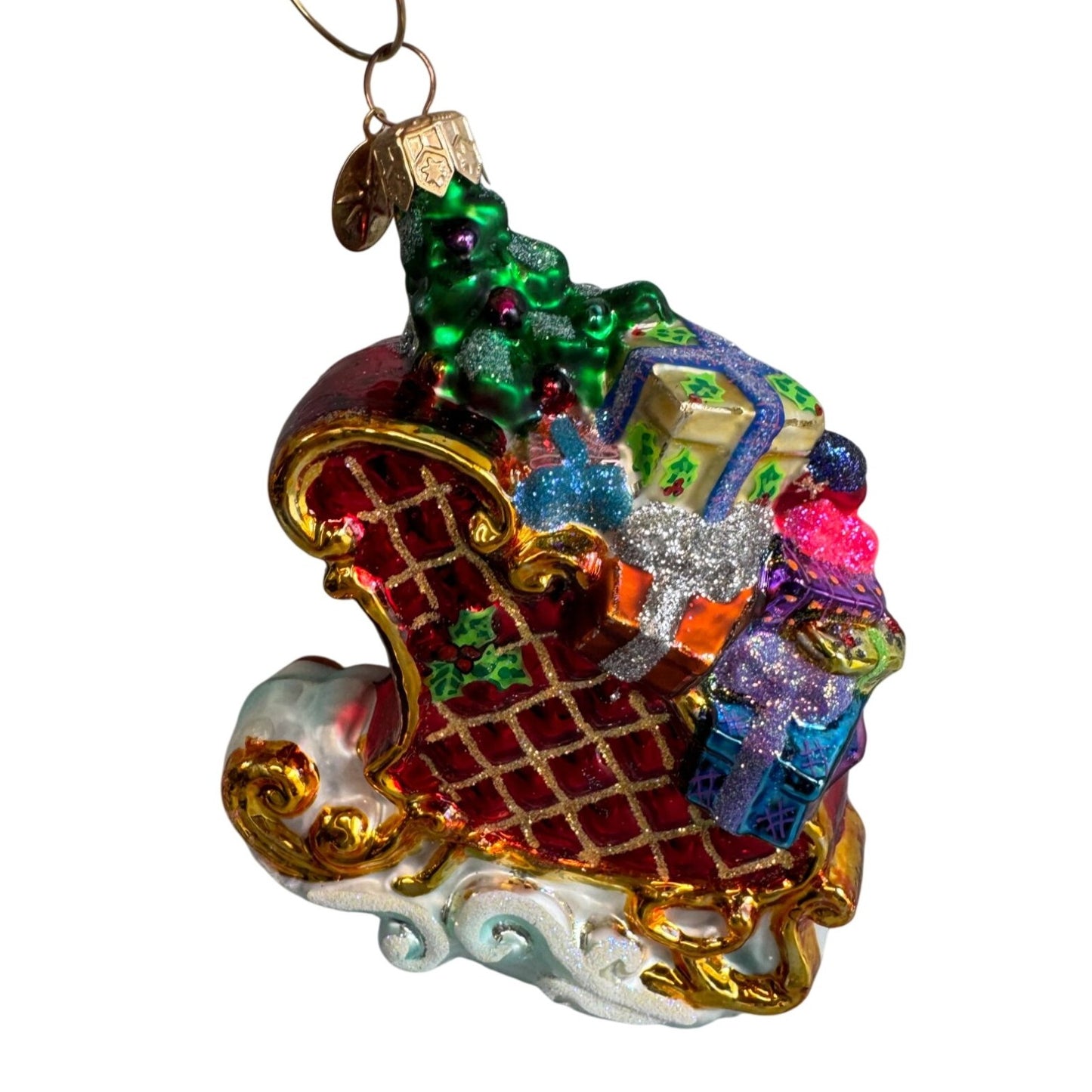 Christopher Radko Christmas Sleigh Tree Presents Blown Glass Ornament 4" x 4"