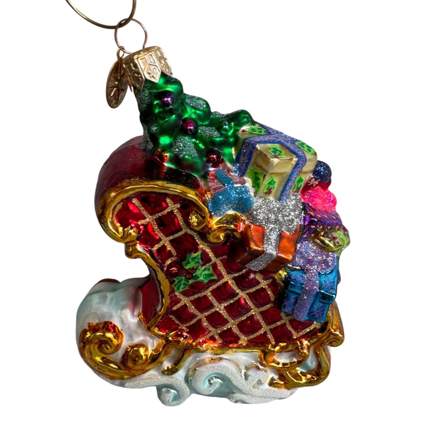Christopher Radko Christmas Sleigh Tree Presents Blown Glass Ornament 4" x 4"