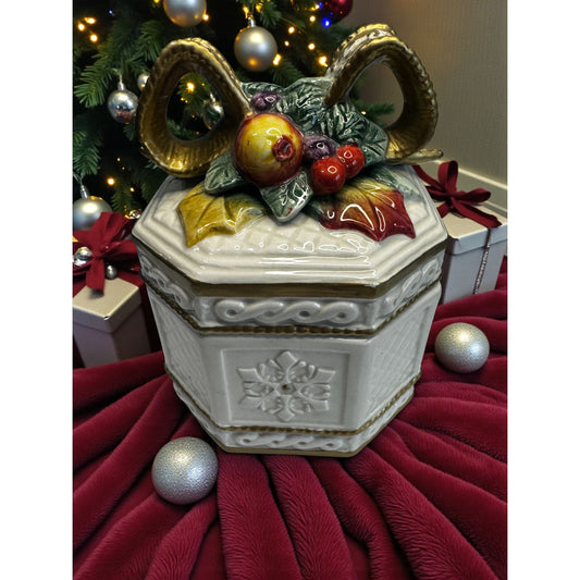 Fitz And Floyd Snowy Woods Trinket Box Bells Holly Lid 1996 5 1/4"