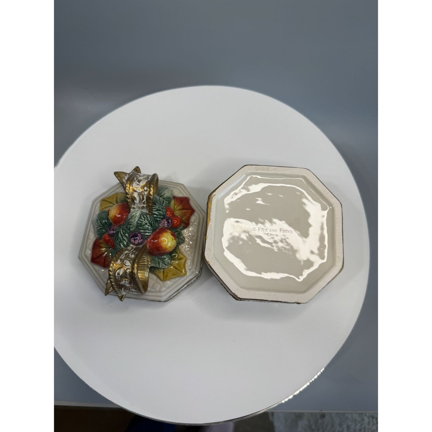 Fitz And Floyd Snowy Woods Trinket Box Bells Holly Lid 1996 5 1/4"