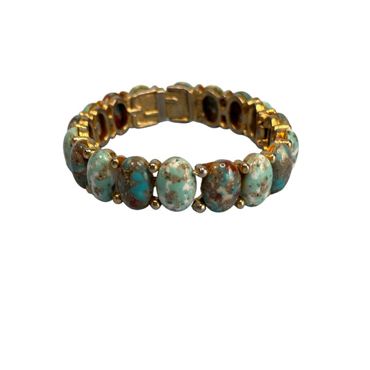 MCM HAR Designer Signed Turquoise Hinged Cuff Bracelet 6" Vintage Gold Tone Jewelry