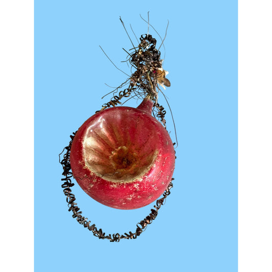 Antique German c1930 Blown Glass Indented Red Ornament With Wire Hanger 2.5" Vintage Christmas Decoration