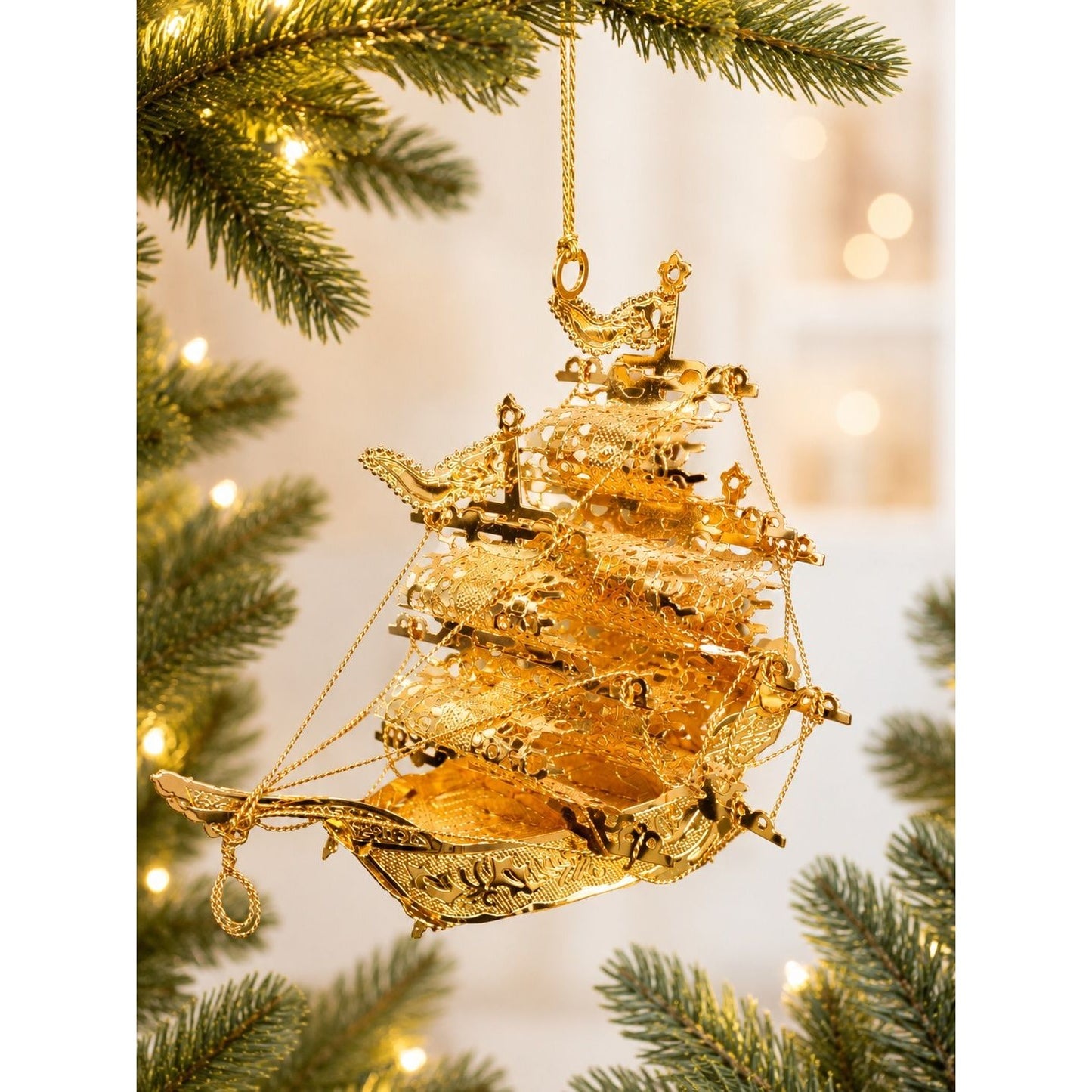 Danbury Mint 1994 Annual Gold Christmas Ornament Clipper Ship With Box