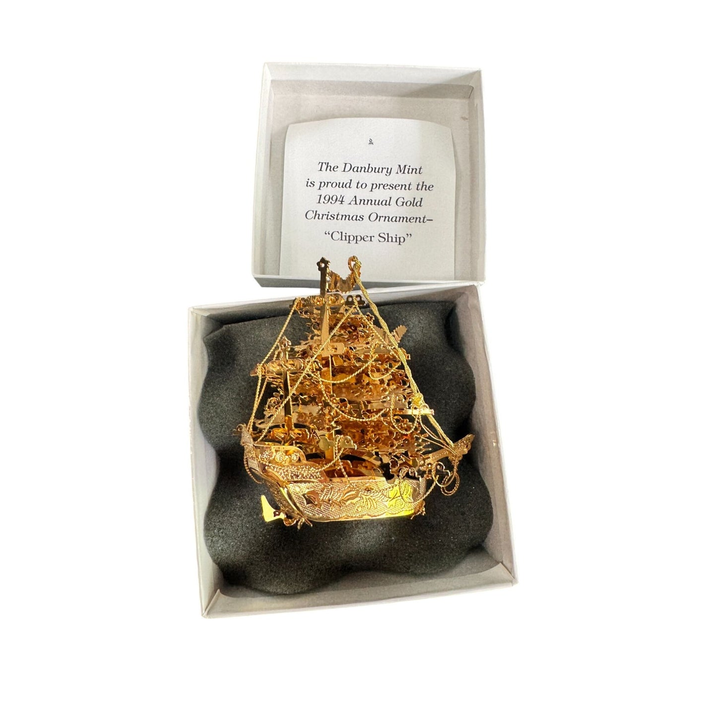 Danbury Mint 1994 Annual Gold Christmas Ornament Clipper Ship With Box