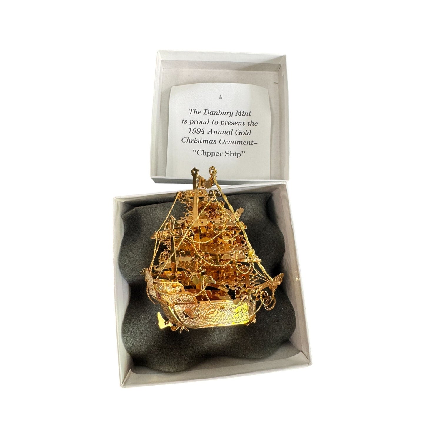 Danbury Mint 1994 Annual Gold Christmas Ornament Clipper Ship With Box