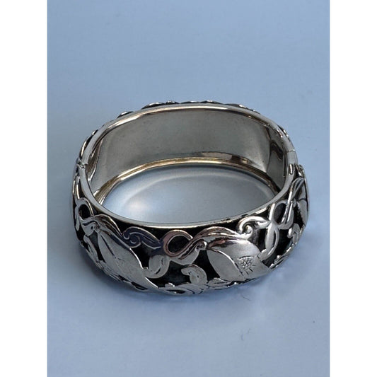 Silver-Tone Floral Vine Hinged Bangle Bracelet 7" Around 1" Wide Elegant Design