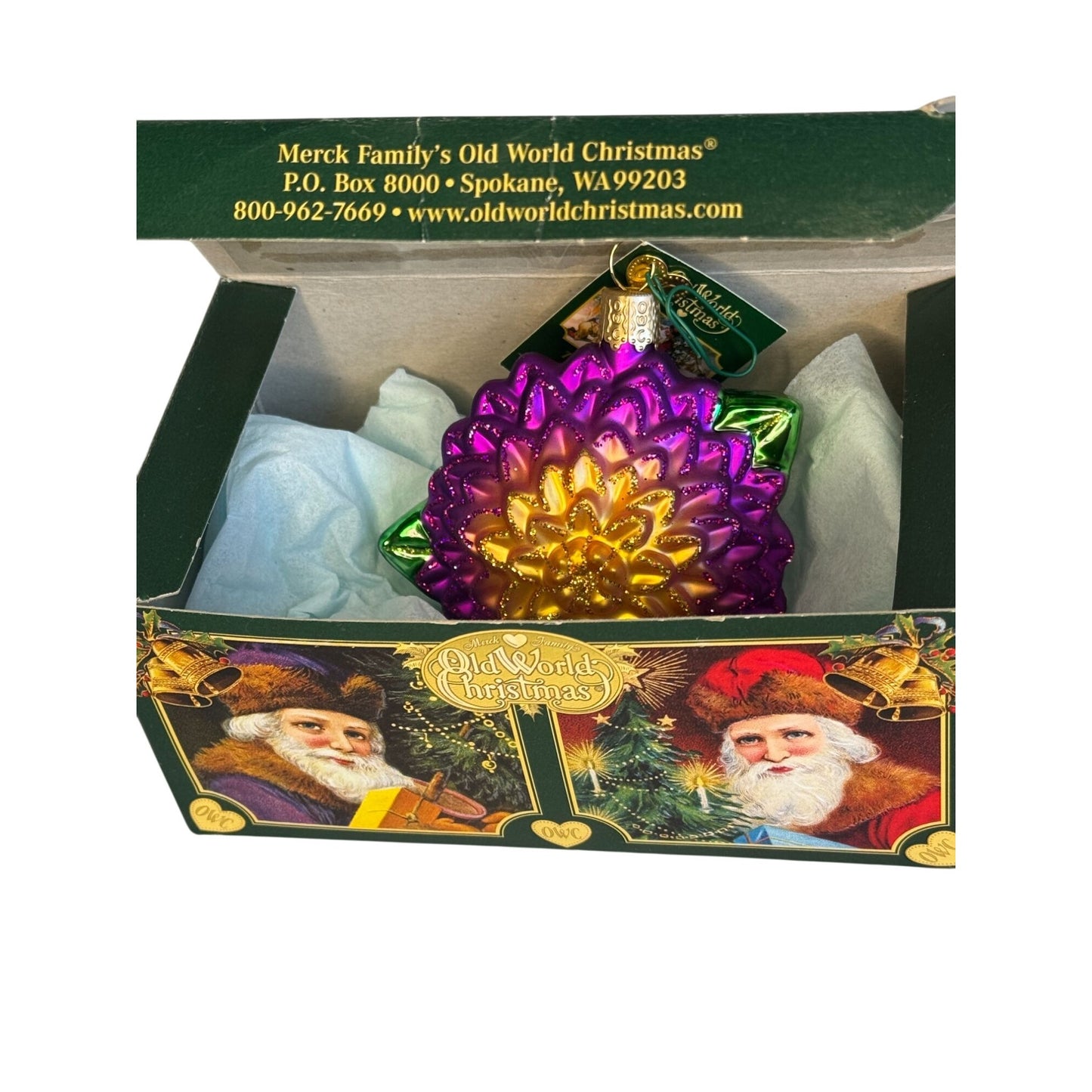 Old World Christmas Dahlia Ornament Purple Gold Green Glitter 4" Tag Box 2024
