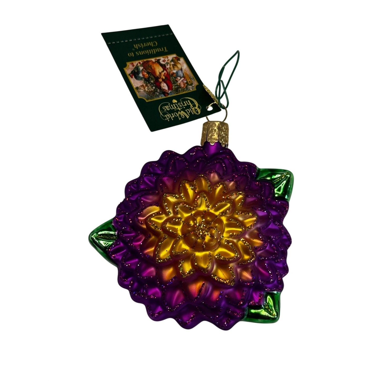Old World Christmas Dahlia Ornament Purple Gold Green Glitter 4" Tag Box 2024