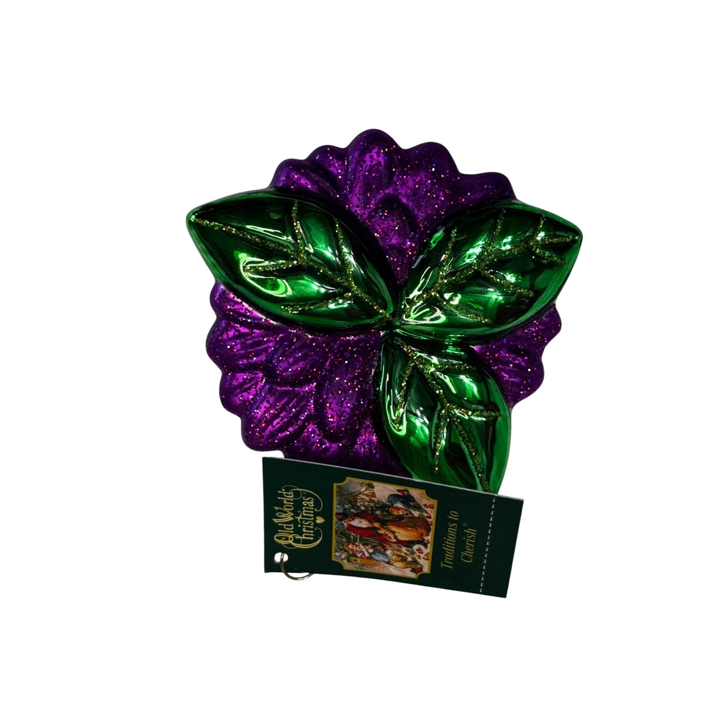 Old World Christmas Dahlia Ornament Purple Gold Green Glitter 4" Tag Box 2024