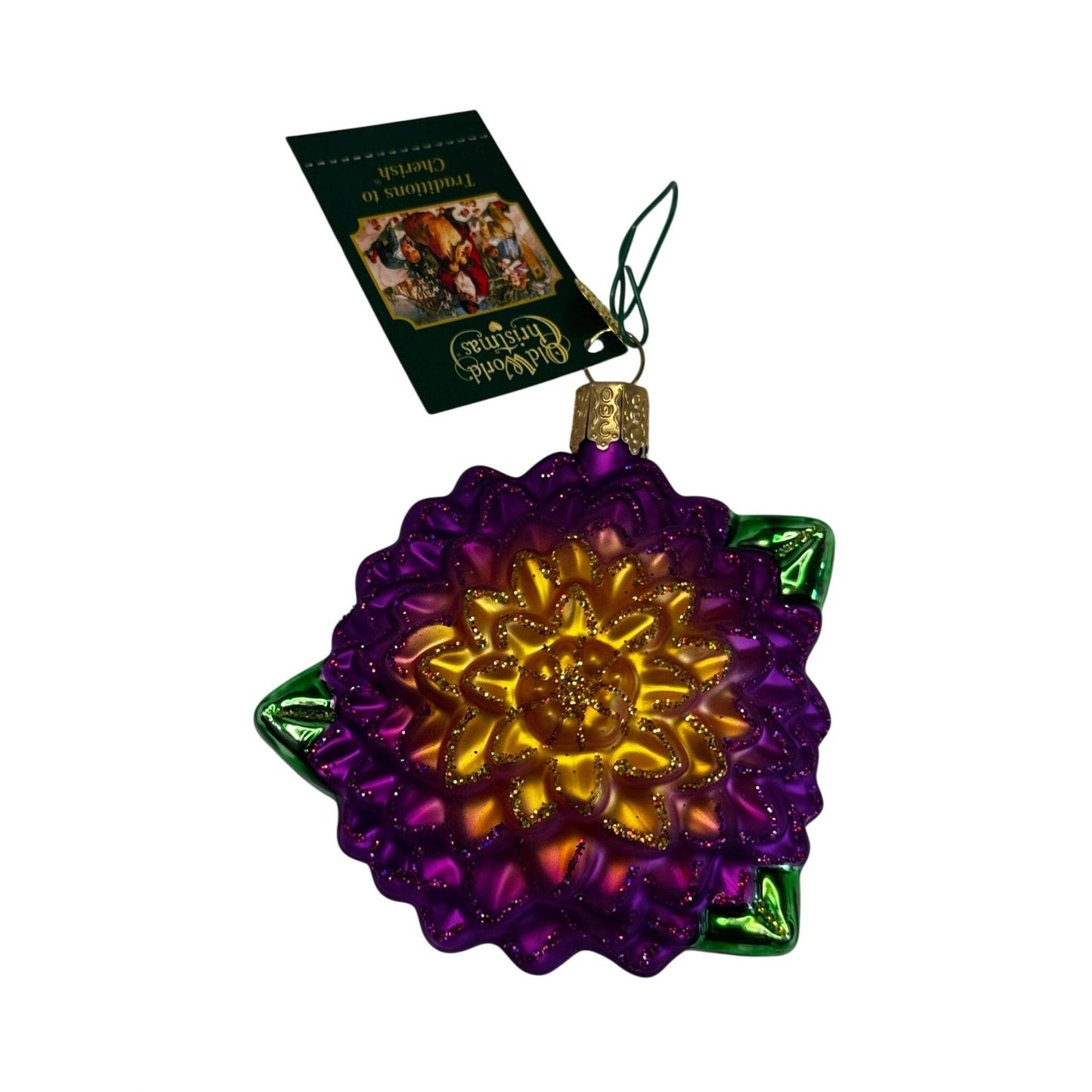 Old World Christmas Dahlia Ornament Purple Gold Green Glitter 4" Tag Box 2024