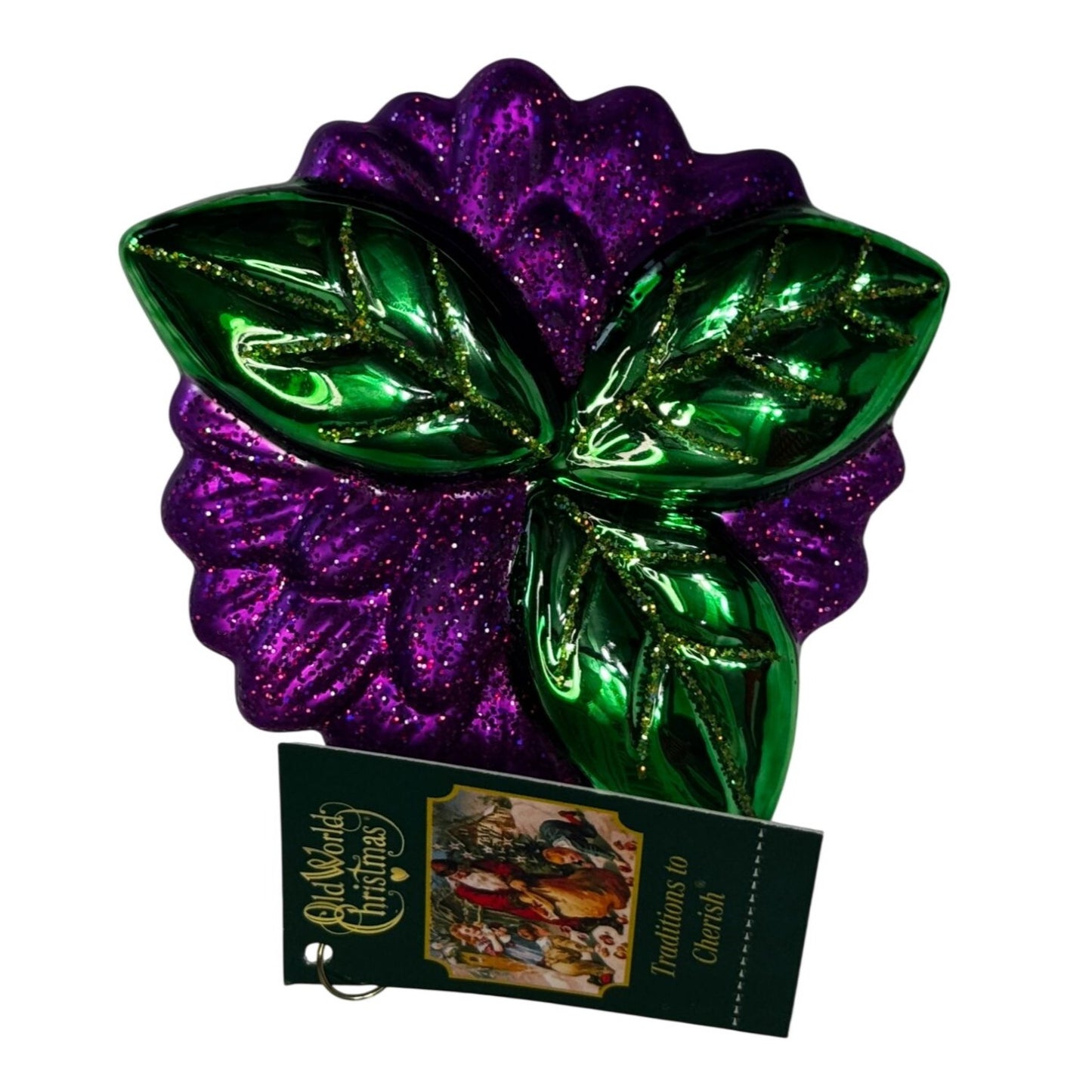 Old World Christmas Dahlia Ornament Purple Gold Green Glitter 4" Tag Box 2024