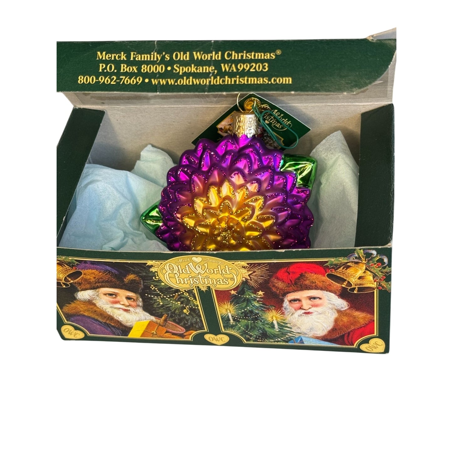 Old World Christmas Dahlia Ornament Purple Gold Green Glitter 4" Tag Box 2024