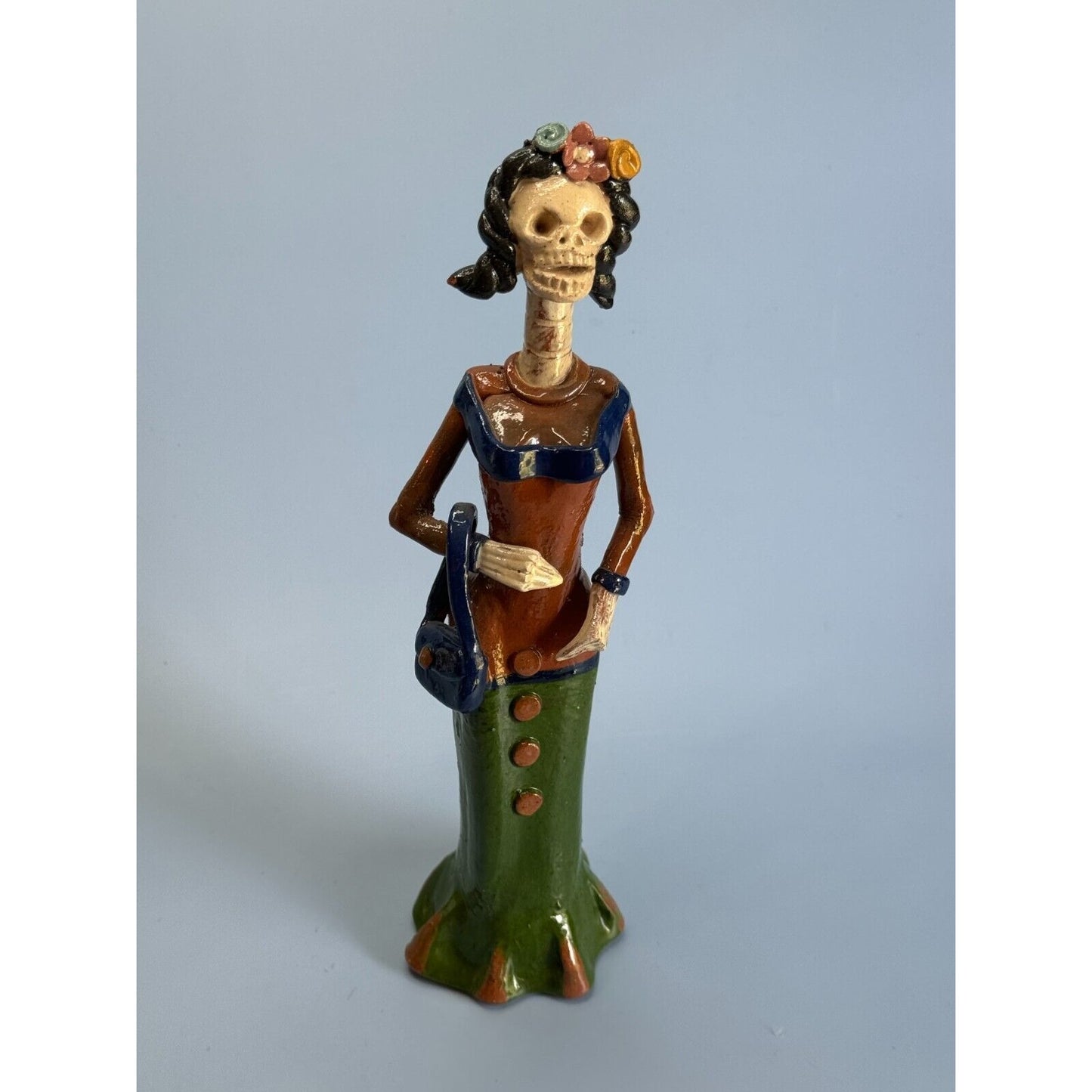 Catrina Frida Kahlo w Purse Day of the Dead Mexico Skeleton Folk Art Figure 10"