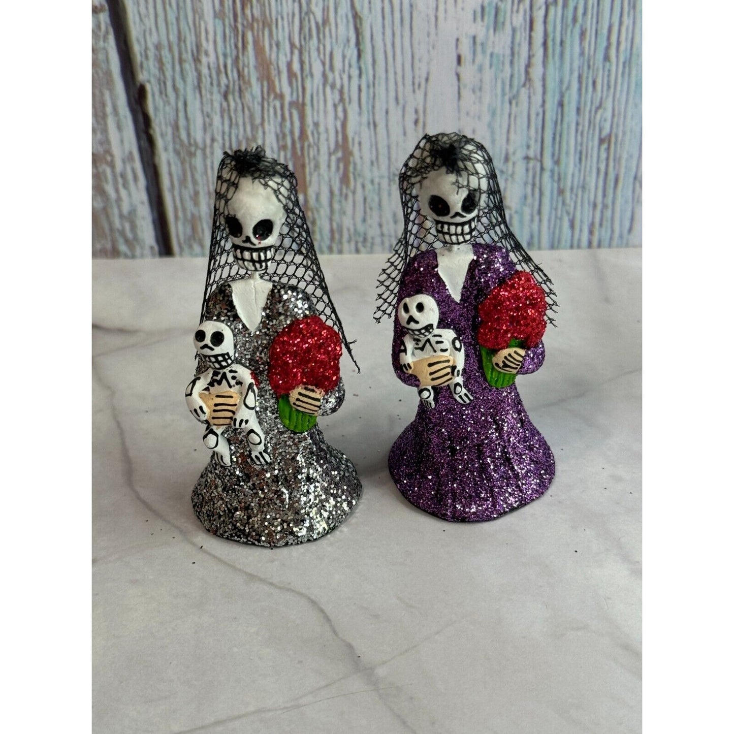 2 Glittered Catrina Frida Kahlo Day of the Dead Mexico Skeleton w/Veils Figures