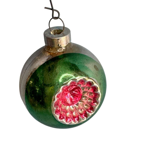 Vintage Green & Pink Blown Glass Double Indented Ornament 2 1/2" Made In USA