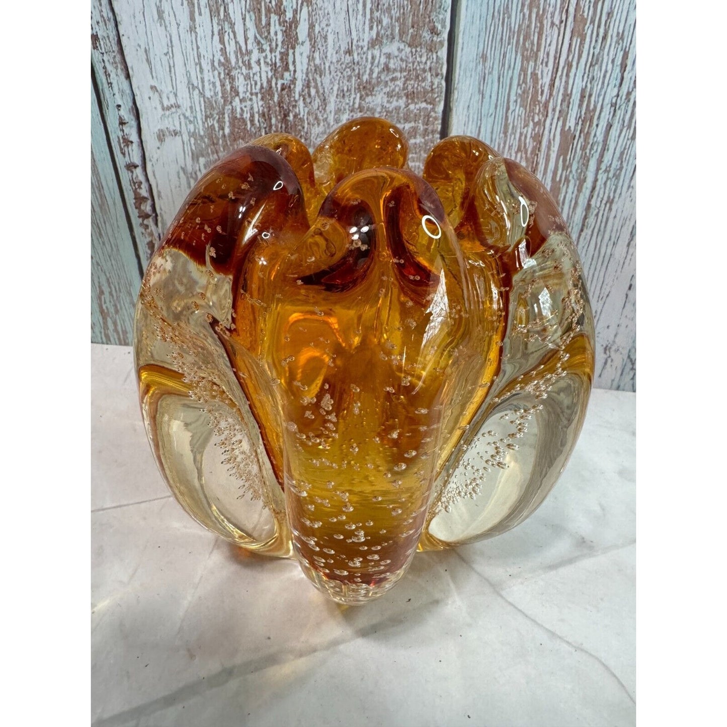 Stunning Tozai Home Amber Glass Bubble Vase Art Glass 5"