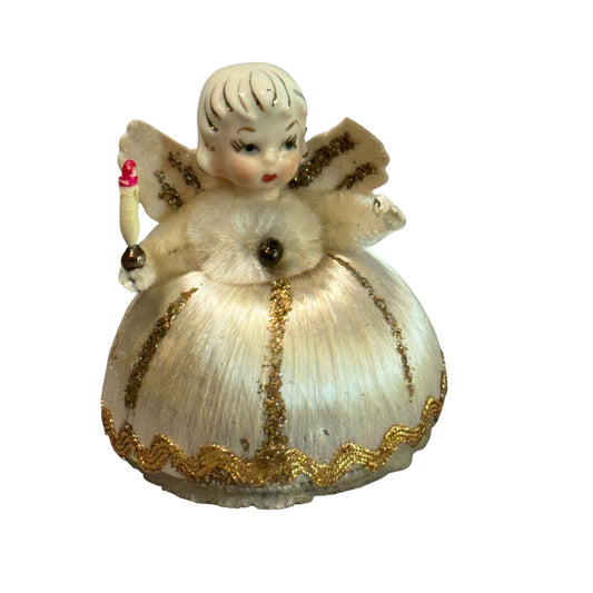 Vintage Japan Ceramic Angel Figurine White Satin Body & Gold Brocade Trim 3"