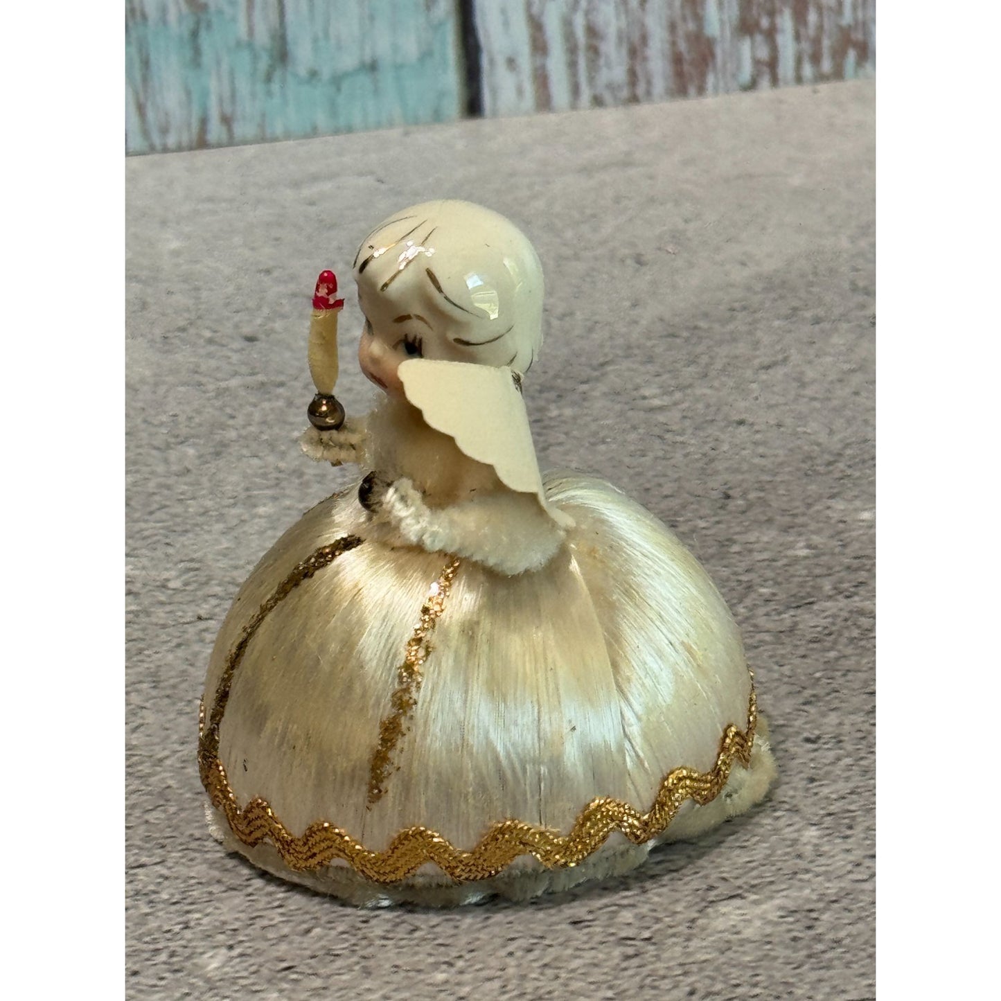 Vintage Japan Ceramic Angel Figurine White Satin Body & Gold Brocade Trim 3"