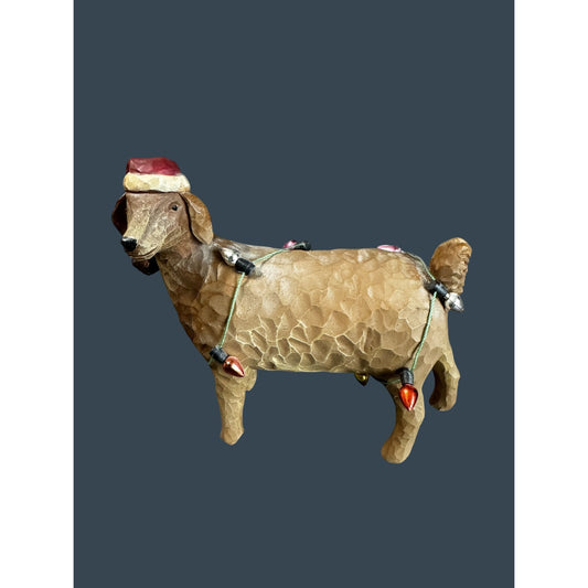 Primitive Carved Wood Look Sheep Christmas Figure Santa Hat Lights 4"