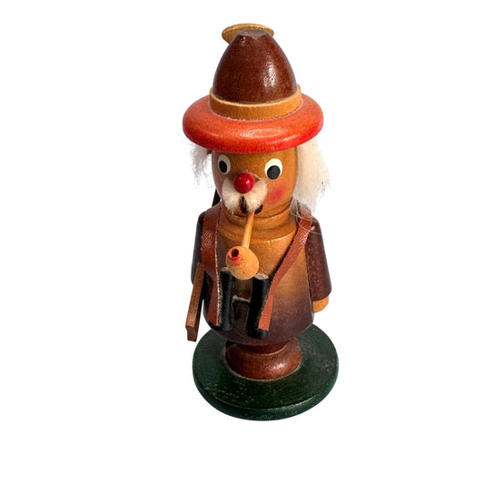 Midcentury Erzgebirge German Wooden Mini Smoker Bird Hunter Figure 4 3/4 Inch Brown