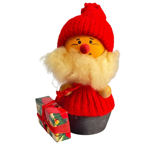 Swedish Tomte Gnome Santa Elf Figurine With Wood Body & Spun Cotton Beard