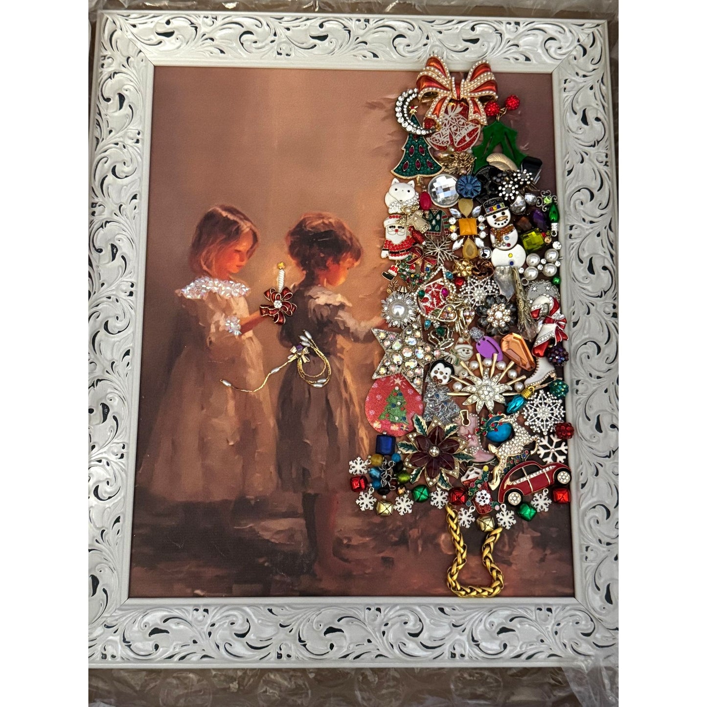 Original Designs By Betty Christmas Jewelry Tree Art Framed 17" x 14" Multicolor