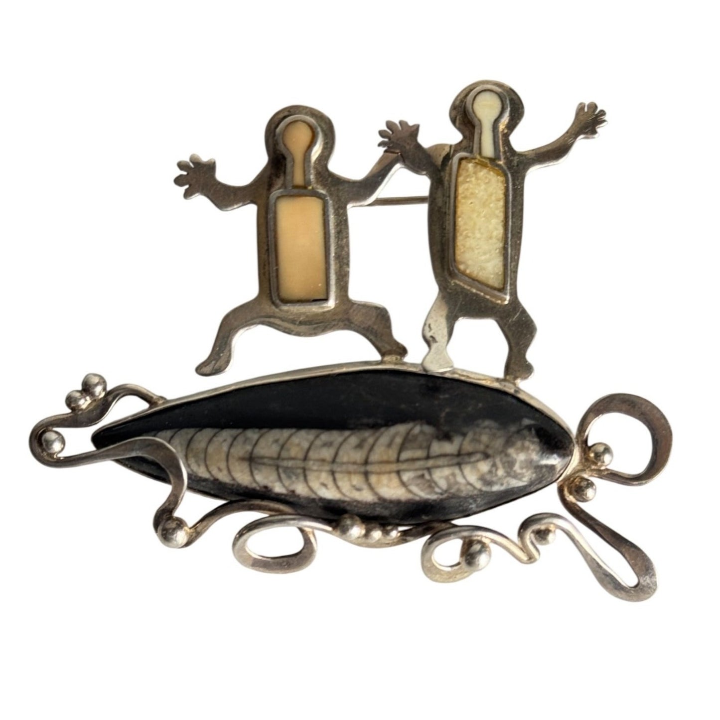 Zealandia 925 Sterling Tribal Dance Brooch Pin On Orthoceros 2 3/4"