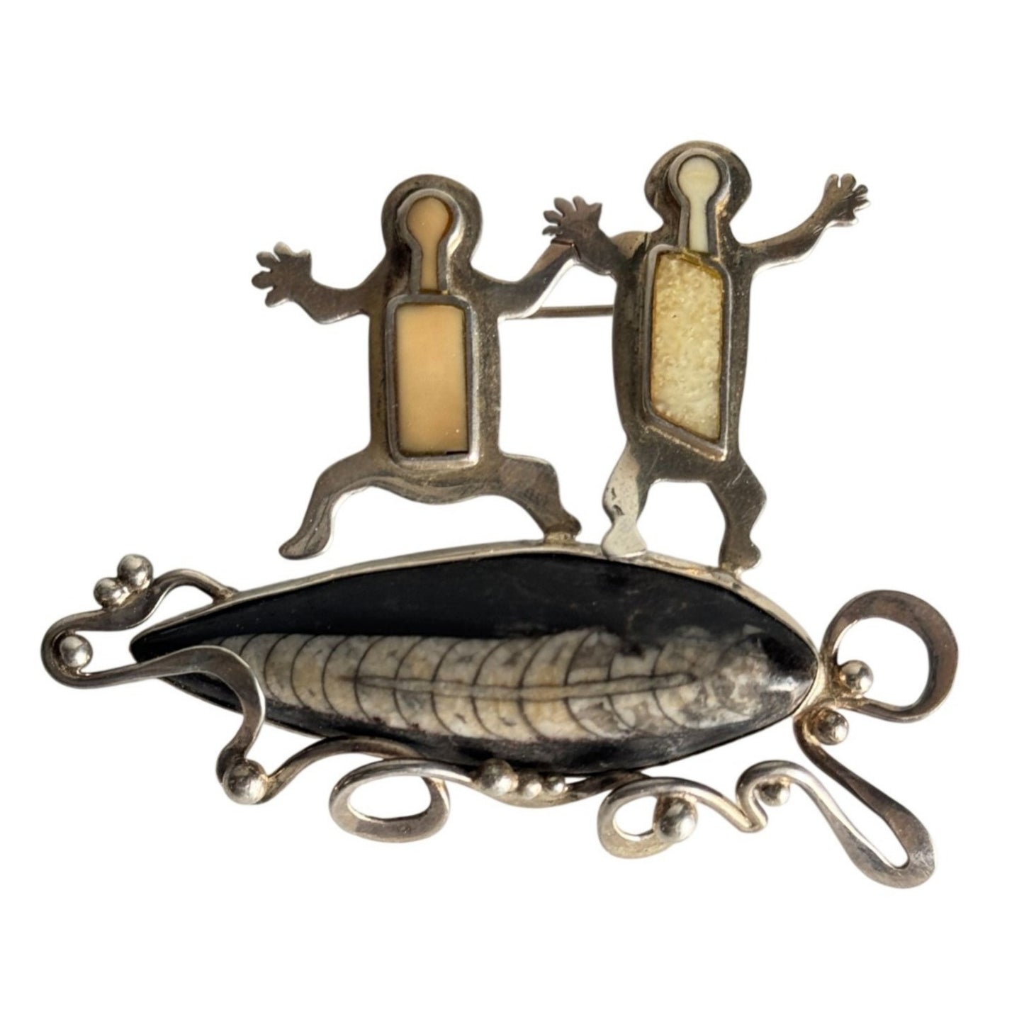 Zealandia 925 Sterling Tribal Dance Brooch Pin On Orthoceros 2 3/4"