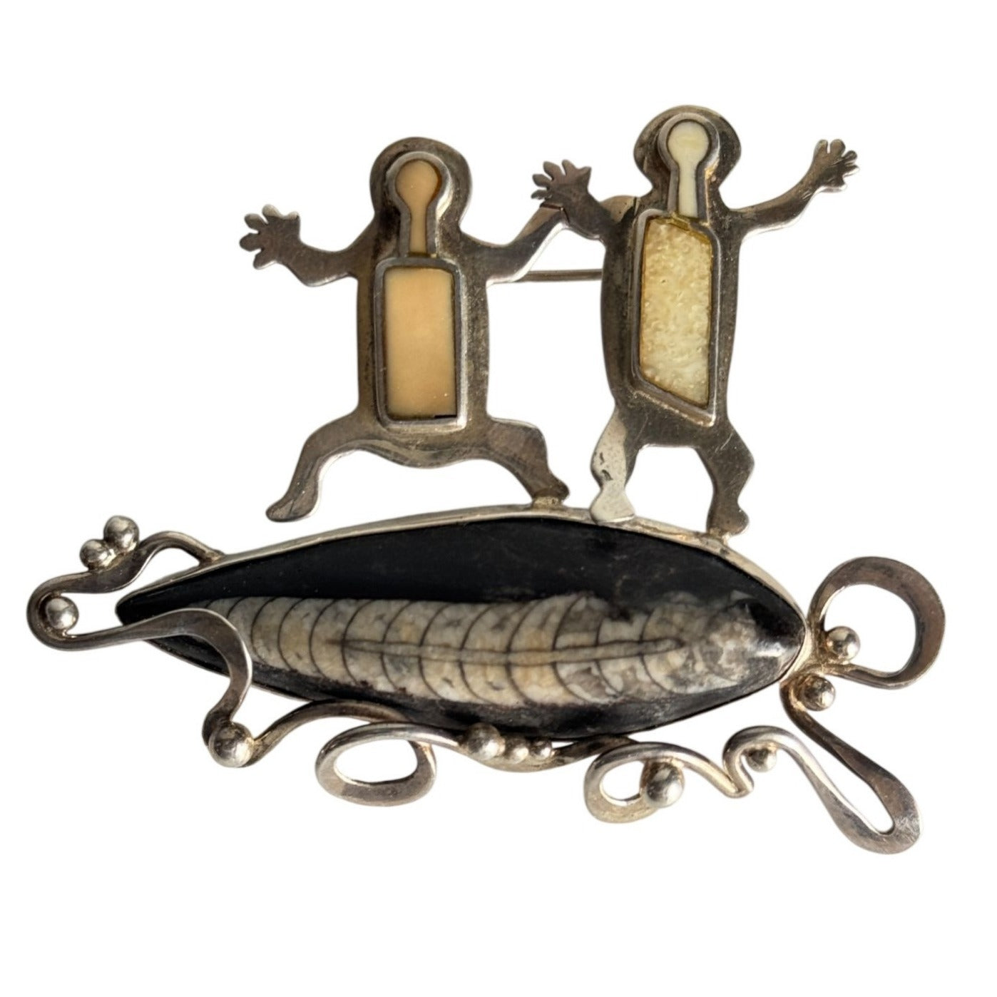 Zealandia 925 Sterling Tribal Dance Brooch Pin On Orthoceros 2 3/4"