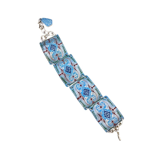 Enamel Link Bracelet Blue Red Embossed Pebble Silver-Tone Adjustable 7-8.5 Inch