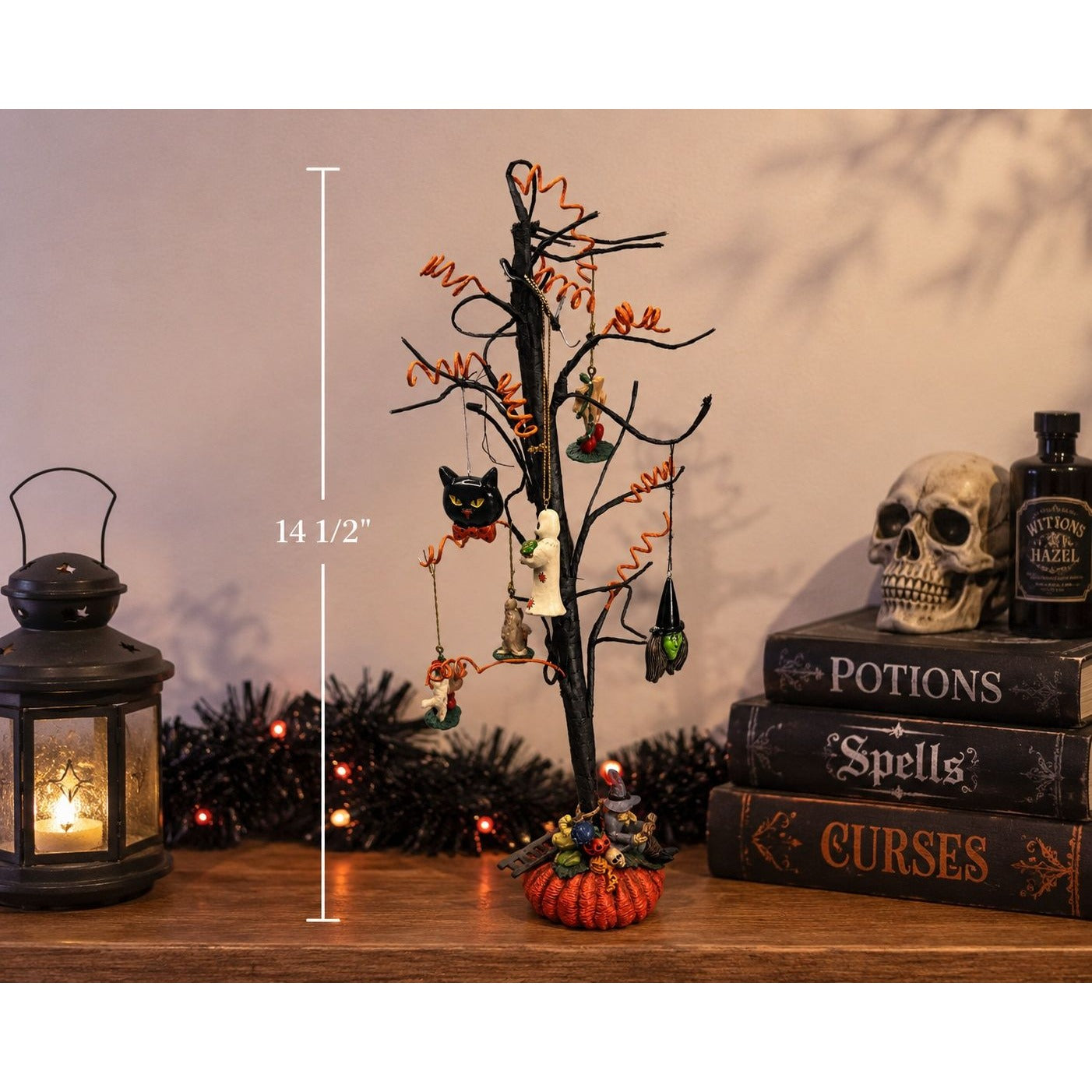 Halloween Ornament Tree With Mini Halloween Ornaments Pumpkin Base 14 1/2"