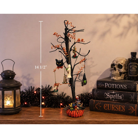 Halloween Ornament Tree With Mini Halloween Ornaments Pumpkin Base 14 1/2"