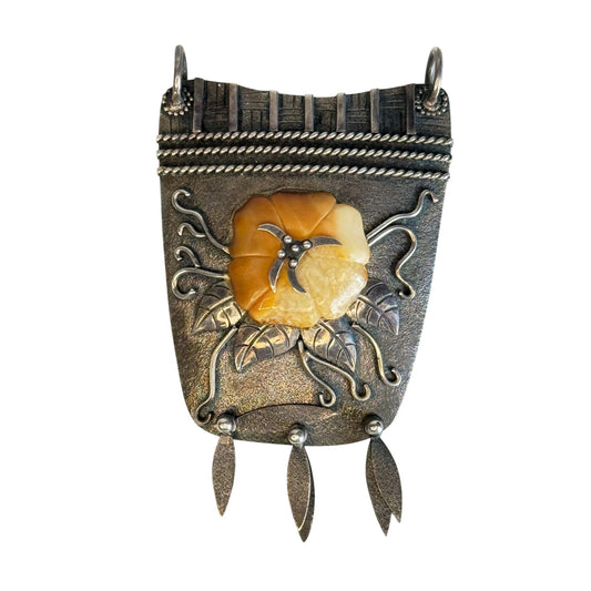 Zealandia Sterling Silver Tribal Flower Pendant With Honey Tone Carved Center 2 1/2"