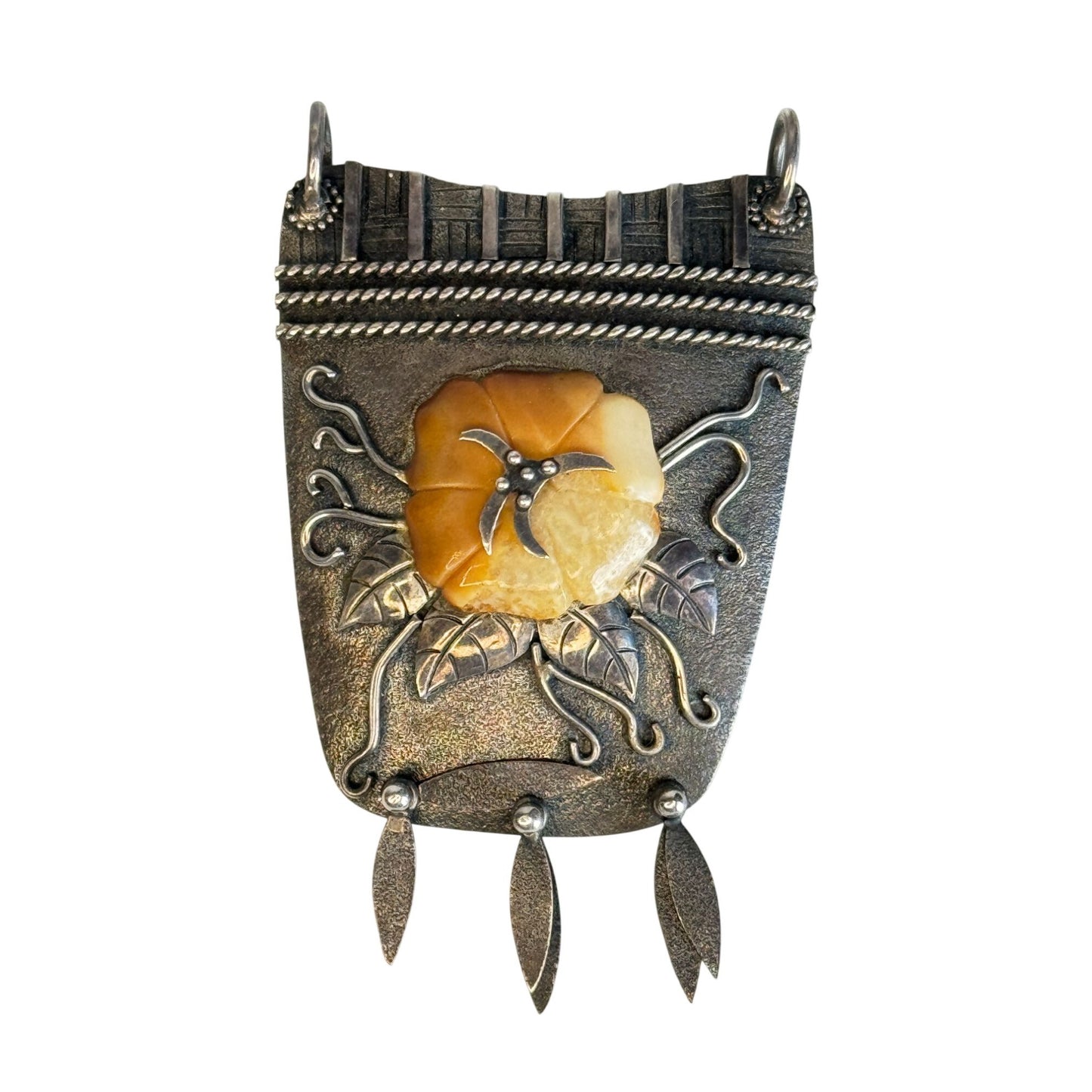 Zealandia Sterling Silver Tribal Flower Pendant With Honey Tone Carved Center 2 1/2"