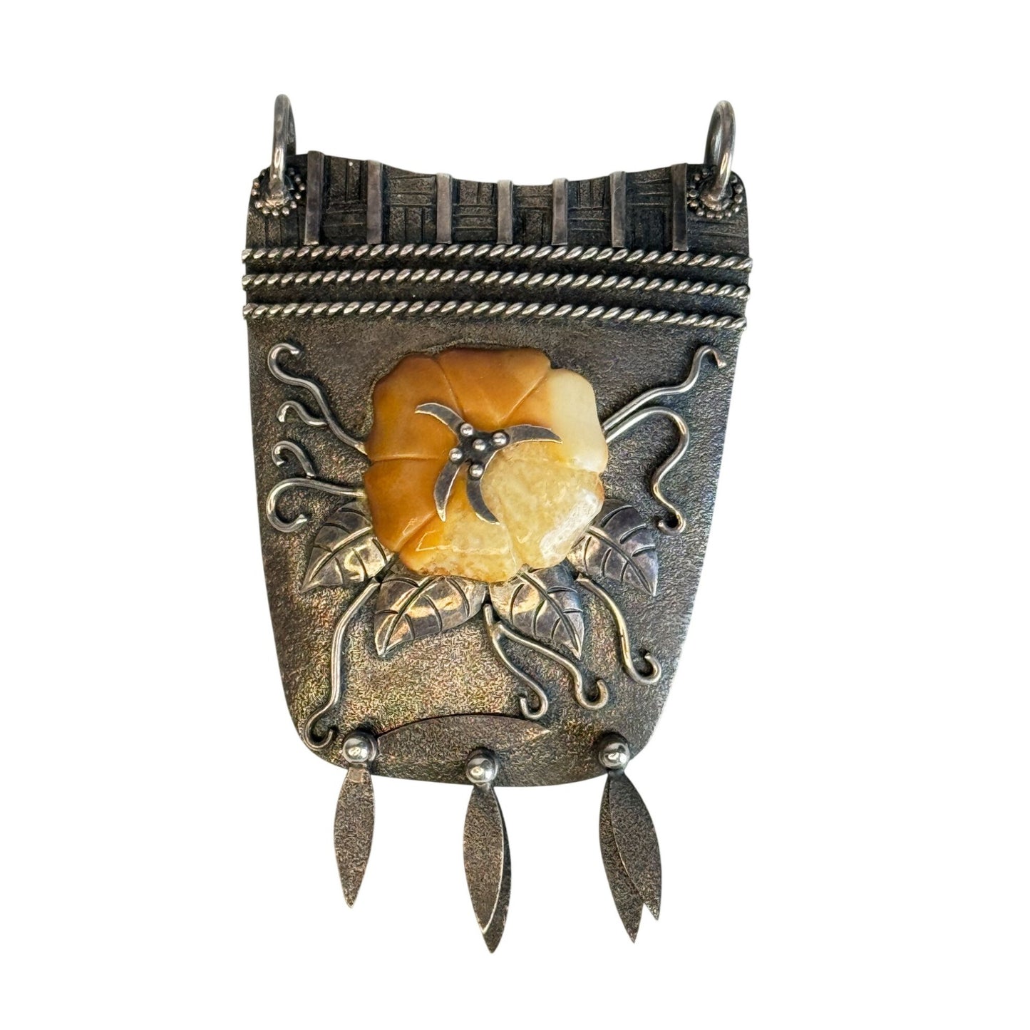 Zealandia Sterling Silver Tribal Flower Pendant With Honey Tone Carved Center 2 1/2"