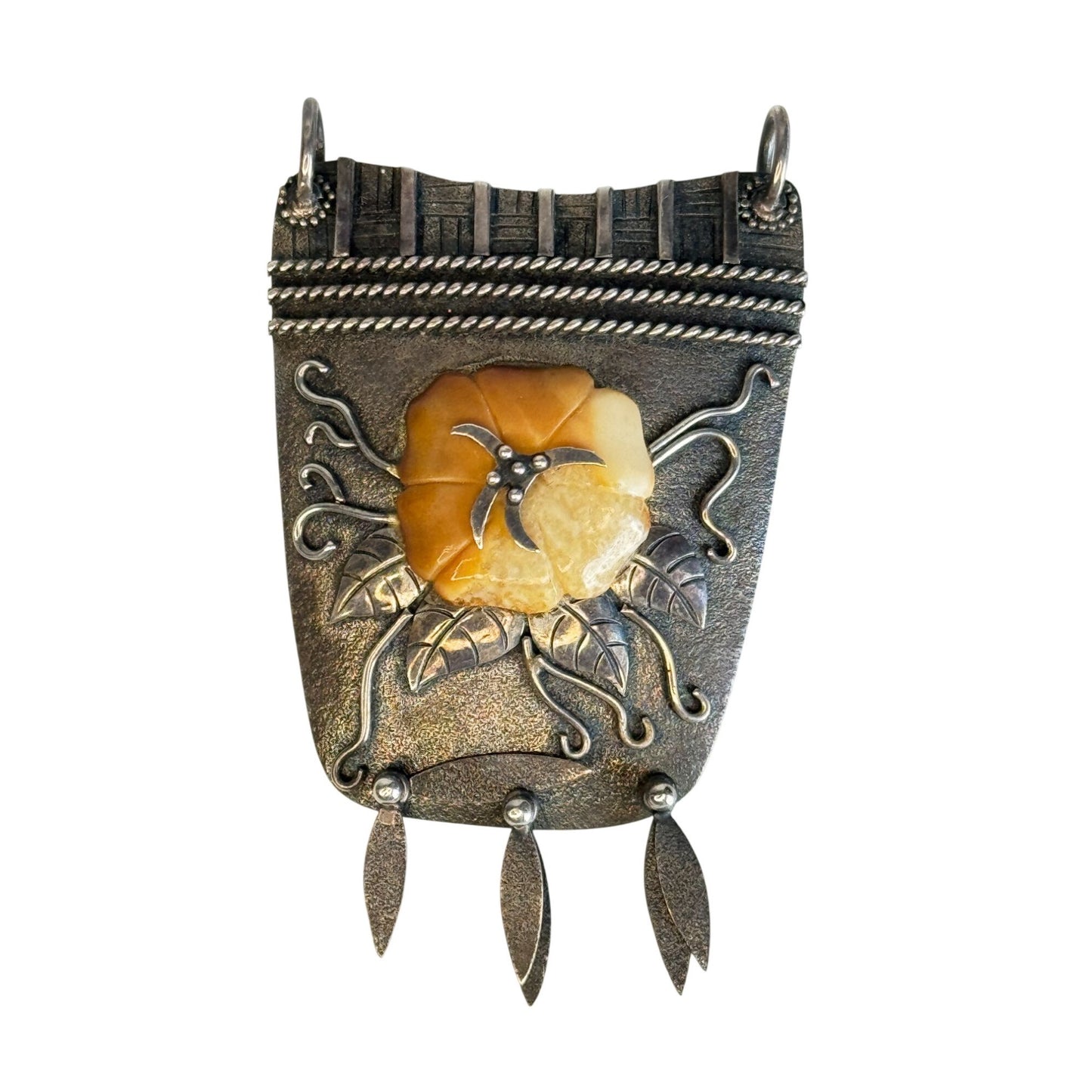 Zealandia Sterling Silver Tribal Flower Pendant With Honey Tone Carved Center 2 1/2"