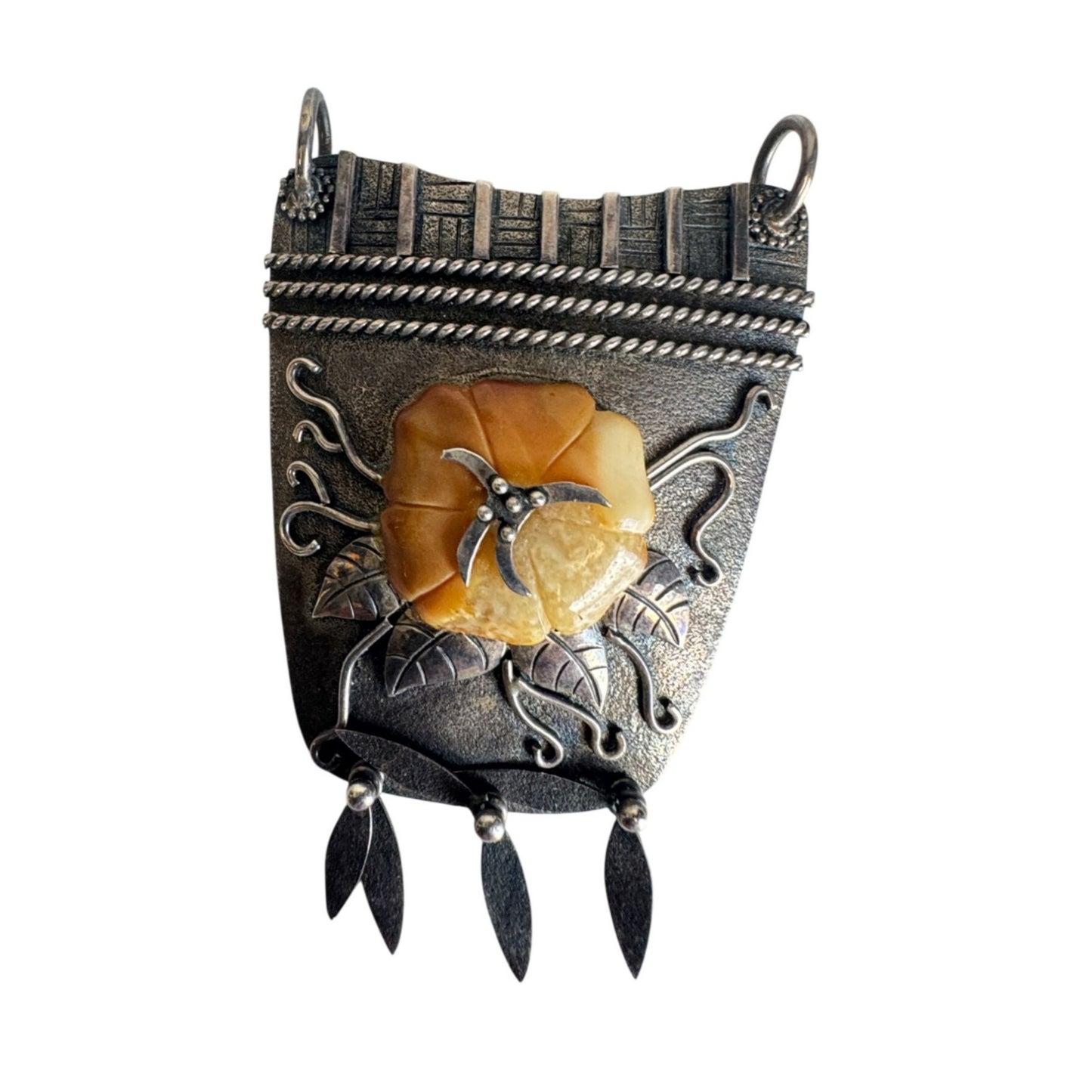 Zealandia Sterling Silver Tribal Flower Pendant With Honey Tone Carved Center 2 1/2"