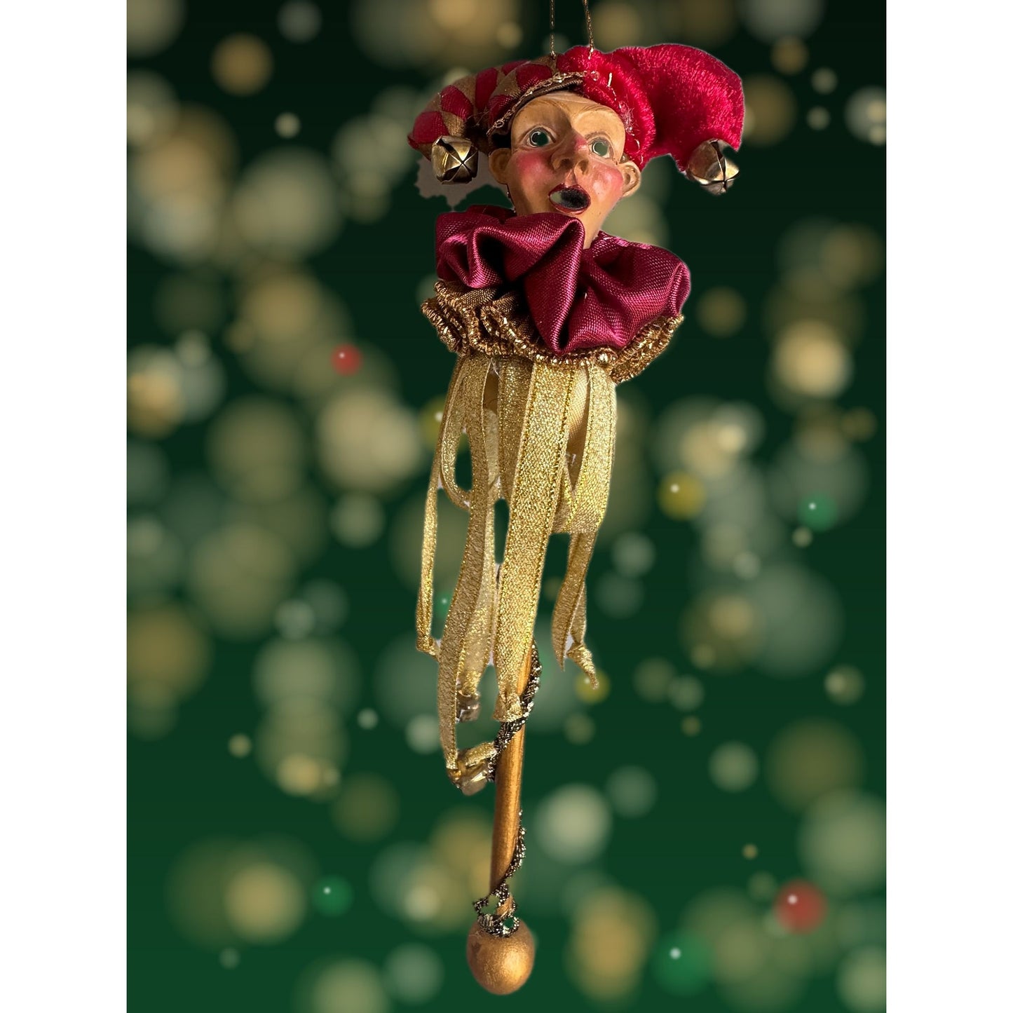 Mark Roberts Jester Harlequin Ornament Red Gold Bells Wand 9"