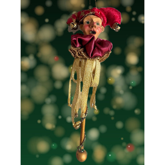 Mark Roberts Jester Harlequin Ornament Red Gold Bells Wand 9"