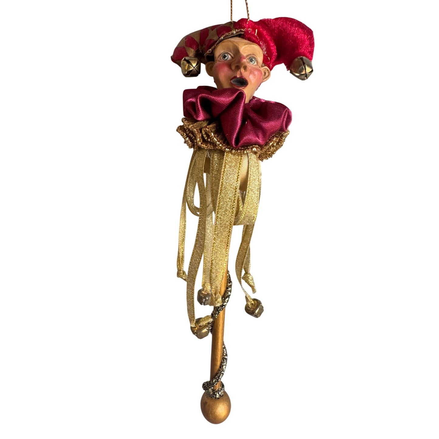 Mark Roberts Jester Harlequin Ornament Red Gold Bells Wand 9"