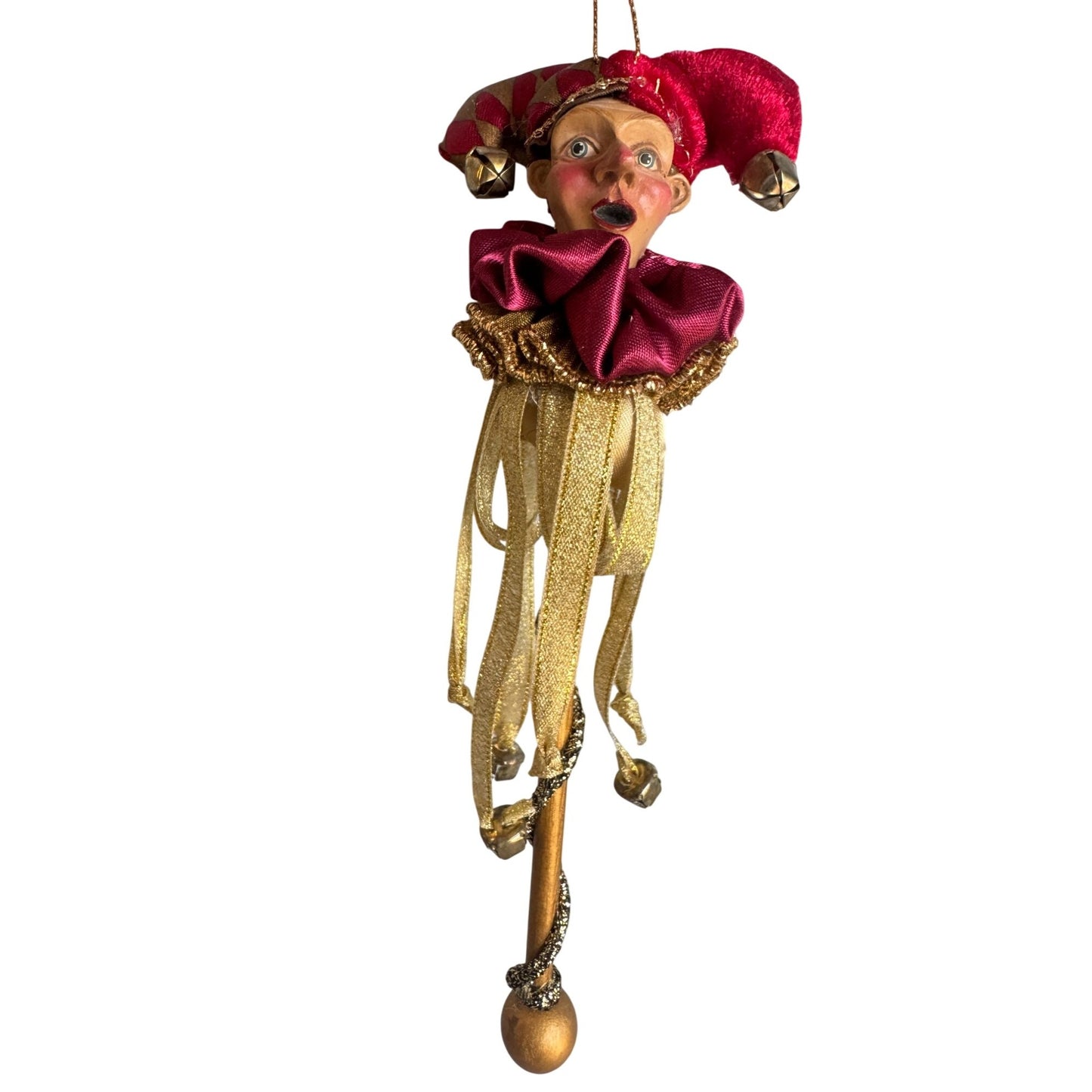 Mark Roberts Jester Harlequin Ornament Red Gold Bells Wand 9"