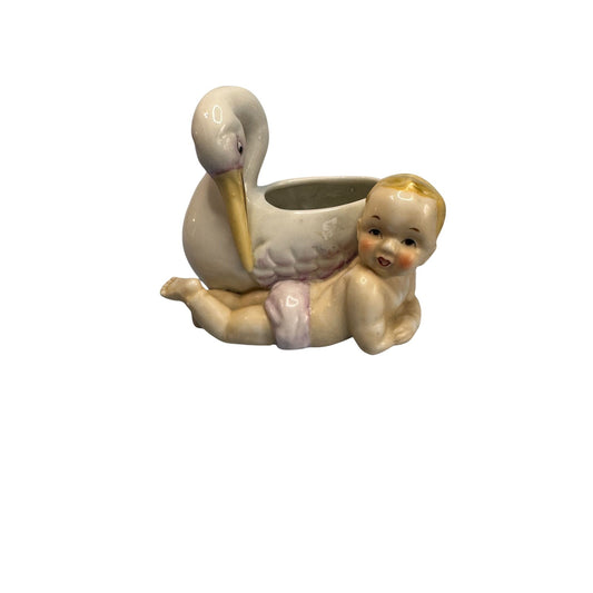 Vintage Ceramic Baby & Stork Planter Figurine Made In England 4 3/4" X 4 1/2" Nursery Decor