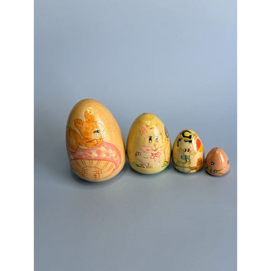 Hand-Painted Wooden Nesting Egg Set With Adorable Animal Designs & Pastel Colors