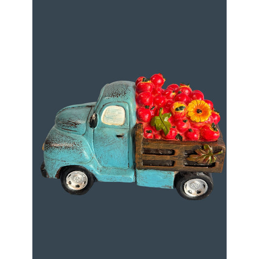 Robert Stanley 2014 Blue Truck Figurine With Apples & Flowers 7.5" Long  4" Tall