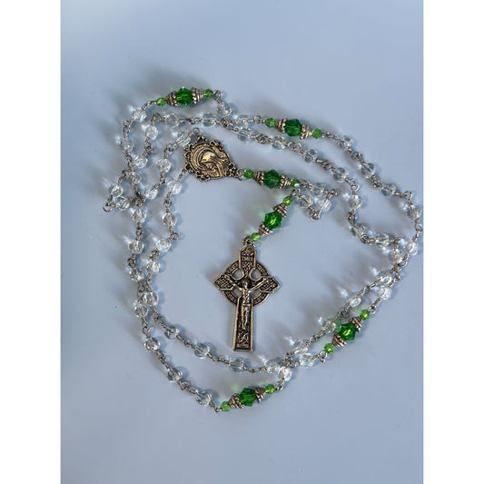 Celtic Glass Beaded Rosary With Green & Clear Beads 23 1/2" Long