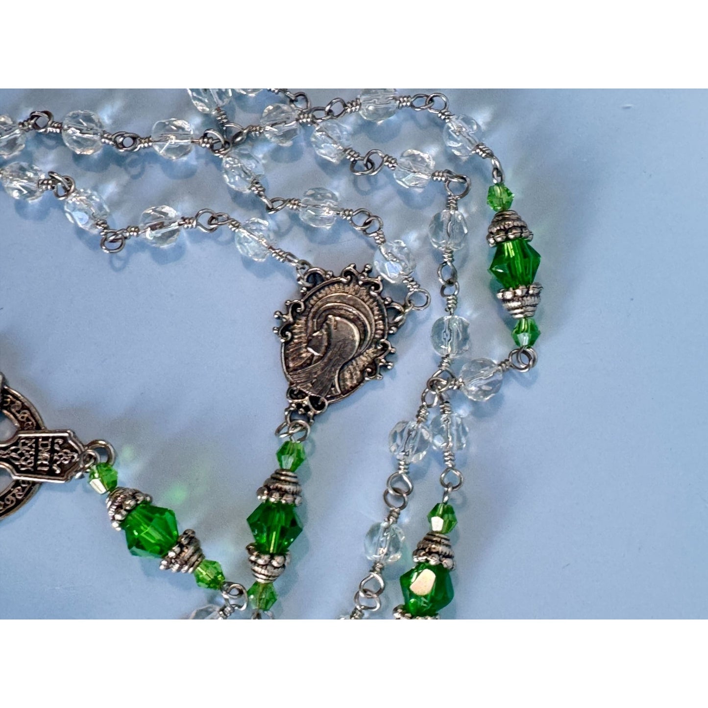Celtic Glass Beaded Rosary With Green & Clear Beads 23 1/2" Long
